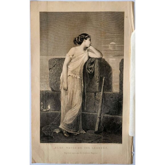 1881 Engraving Hero Watching For Leander Telescope Victorian Mythology DWQQ18 - Picture 2 of 2